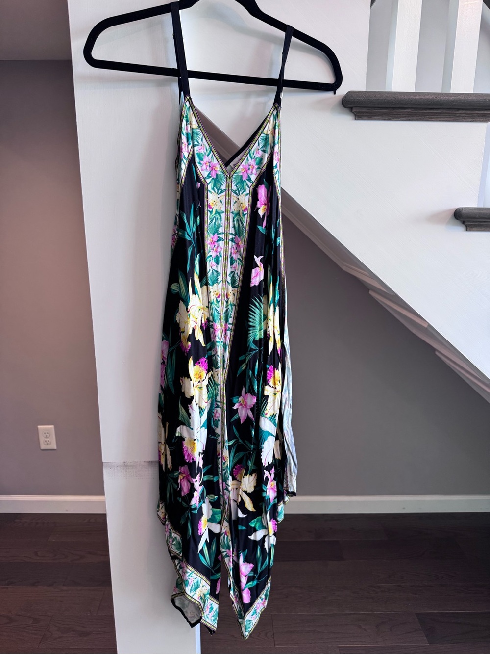 Tommy Bahama Black Floral Asymmetrical Handkerchief Hem Slip Dress